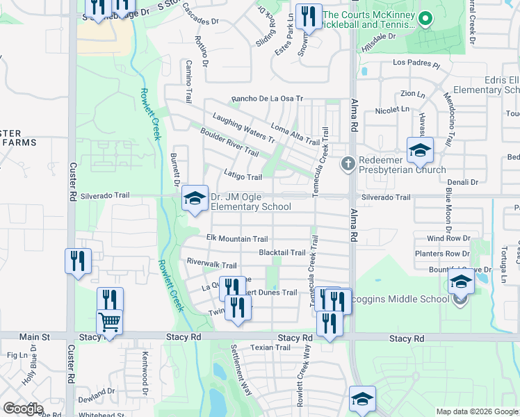 map of restaurants, bars, coffee shops, grocery stores, and more near 8204 Lonesome Spur Trail in McKinney