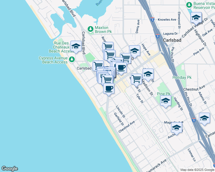 map of restaurants, bars, coffee shops, grocery stores, and more near 305 Carlsbad Village Drive in Carlsbad