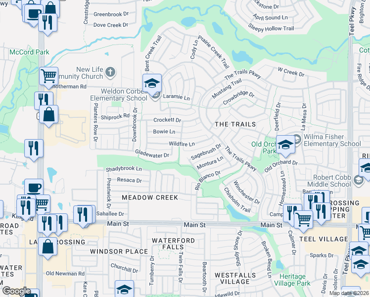 map of restaurants, bars, coffee shops, grocery stores, and more near 9698 Melton Lane in Frisco