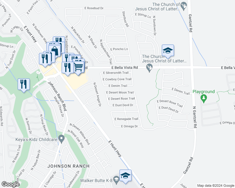 map of restaurants, bars, coffee shops, grocery stores, and more near 1071 East Desert Moon Trail in Queen Creek