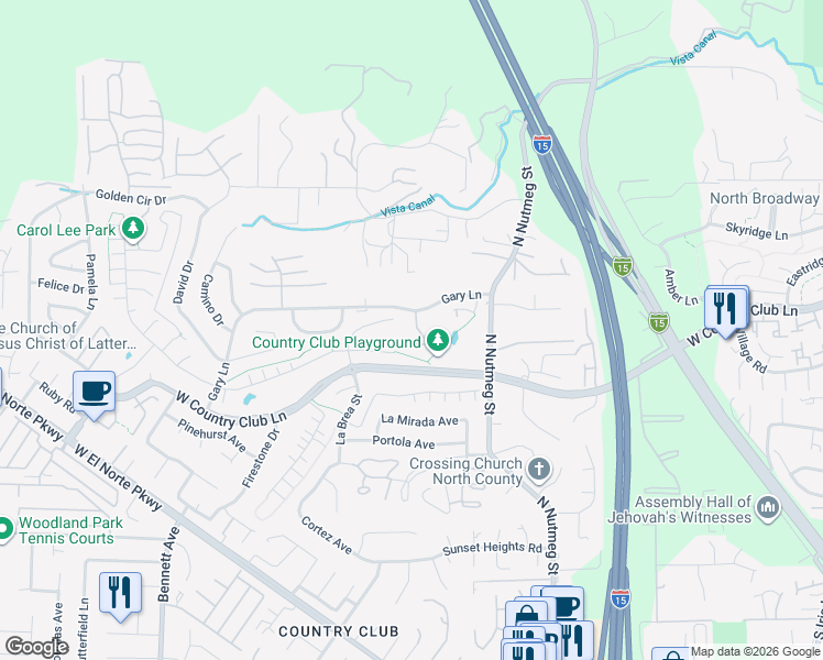 map of restaurants, bars, coffee shops, grocery stores, and more near 2115 Lark Glen in Escondido