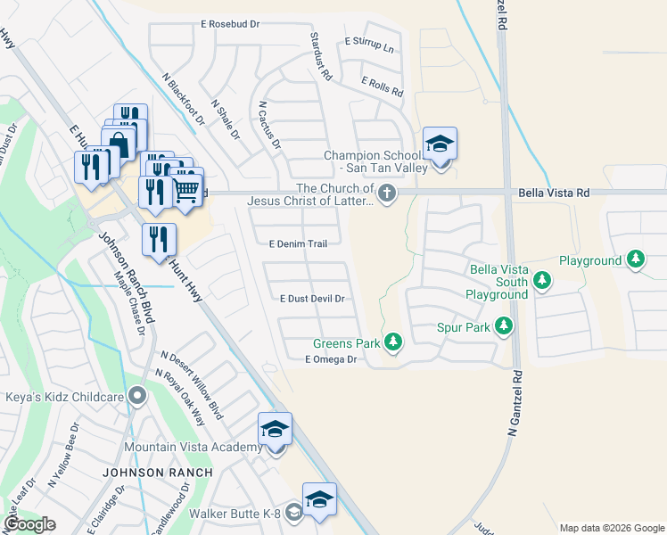 map of restaurants, bars, coffee shops, grocery stores, and more near 1221 East Desert Moon Trail in San Tan Valley