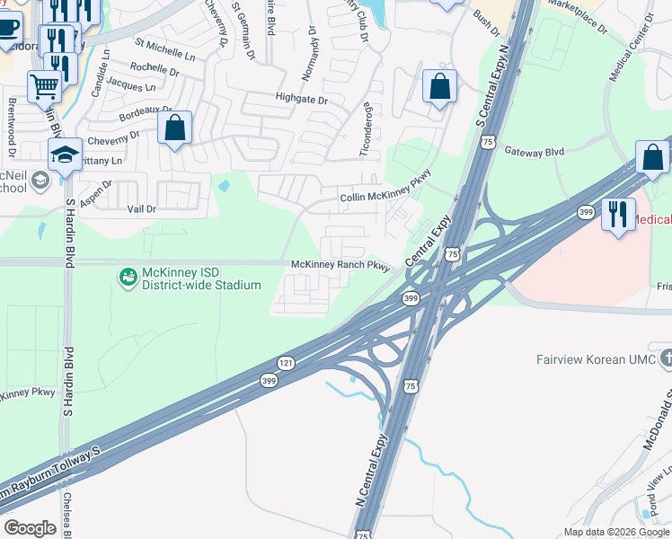 map of restaurants, bars, coffee shops, grocery stores, and more near 2450 McKinney Ranch Parkway in McKinney