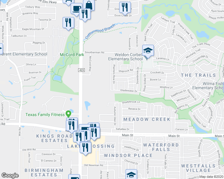 map of restaurants, bars, coffee shops, grocery stores, and more near 9629 Planters Row Drive in Frisco