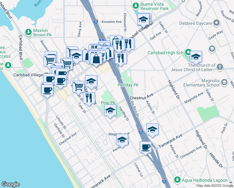 map of restaurants, bars, coffee shops, grocery stores, and more near 3350 Harding Street in Carlsbad