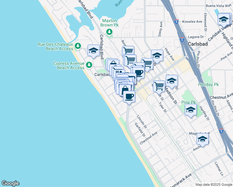 map of restaurants, bars, coffee shops, grocery stores, and more near 201 Grand Avenue in Carlsbad