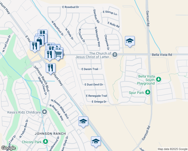map of restaurants, bars, coffee shops, grocery stores, and more near 1141 East Desert Moon Trail in San Tan Valley