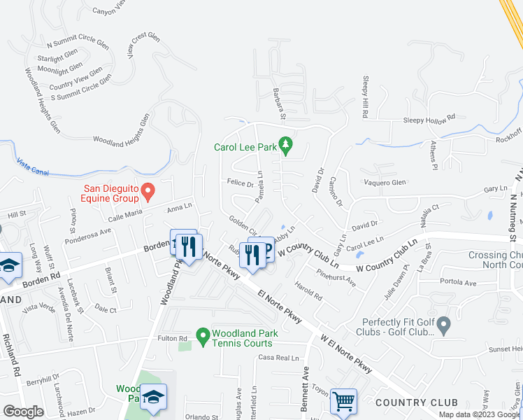 map of restaurants, bars, coffee shops, grocery stores, and more near 1886 Fairway Park in Escondido