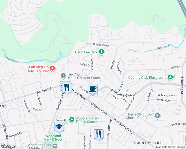 map of restaurants, bars, coffee shops, grocery stores, and more near 1884 Fairway Park in Escondido