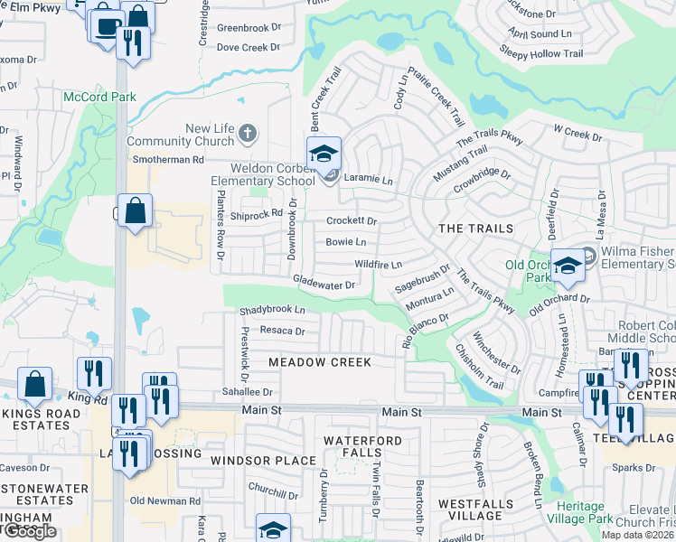 map of restaurants, bars, coffee shops, grocery stores, and more near 1327 Wildfire Lane in Frisco