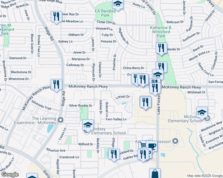 map of restaurants, bars, coffee shops, grocery stores, and more near 5500 Soapberry Drive in McKinney