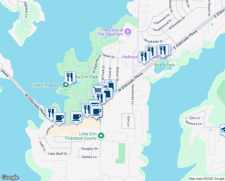 map of restaurants, bars, coffee shops, grocery stores, and more near 100 East Park Street in Little Elm
