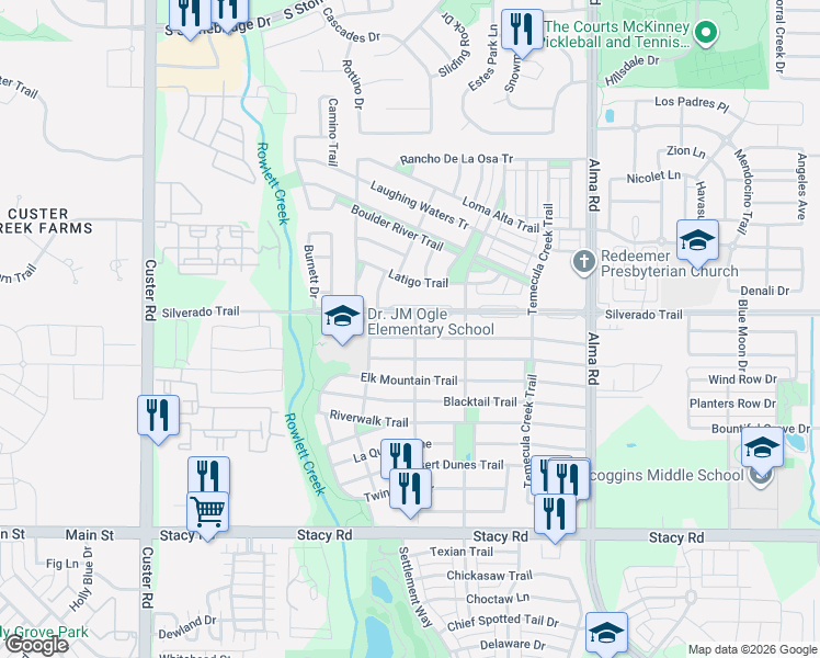 map of restaurants, bars, coffee shops, grocery stores, and more near 8401 Silverado Trail in McKinney