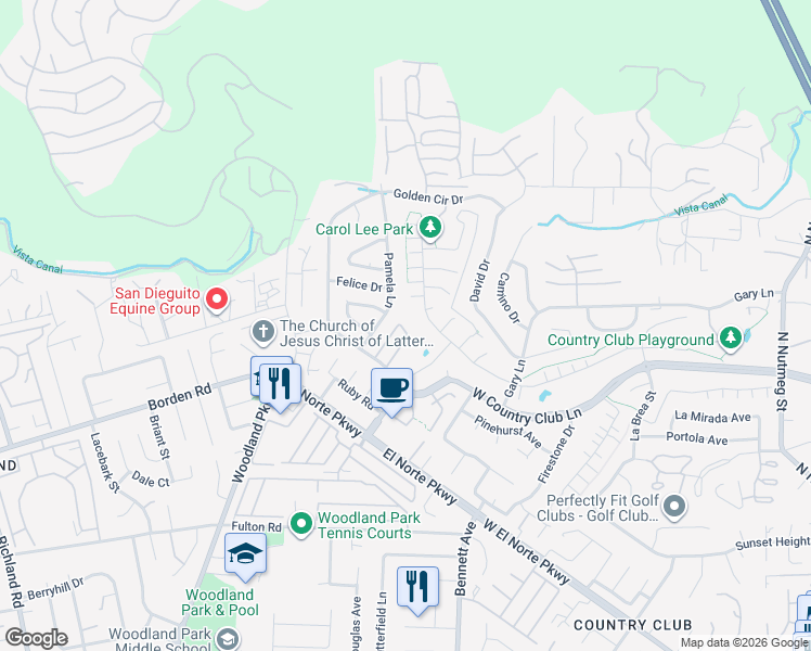 map of restaurants, bars, coffee shops, grocery stores, and more near 1880 Fairway Park in Escondido