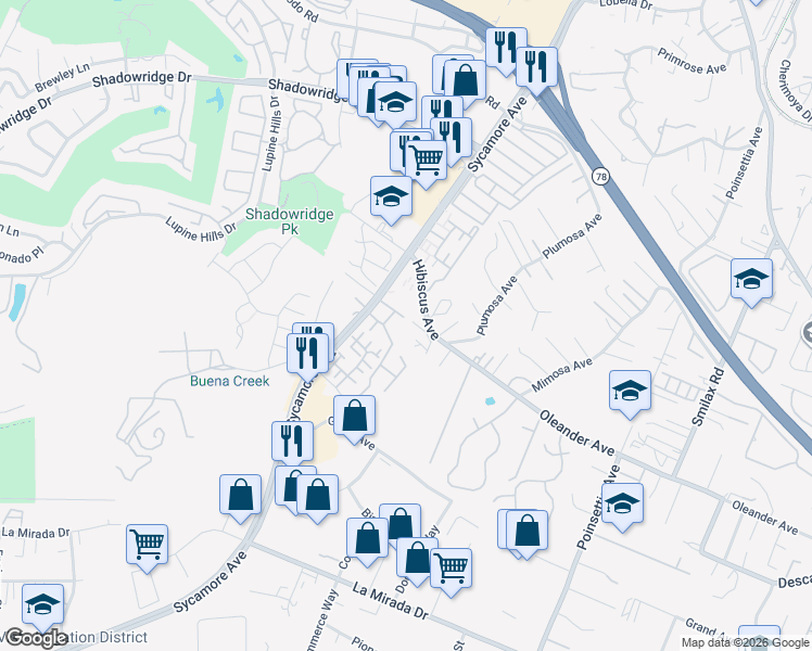 map of restaurants, bars, coffee shops, grocery stores, and more near 2501 Hibiscus Avenue in Vista