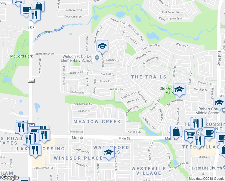 map of restaurants, bars, coffee shops, grocery stores, and more near 9698 Melton Lane in Frisco