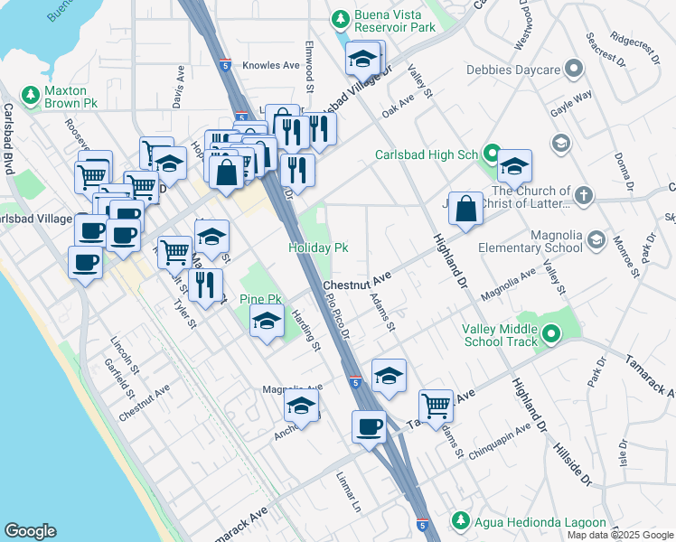 map of restaurants, bars, coffee shops, grocery stores, and more near 3374 Eureka Place in Carlsbad