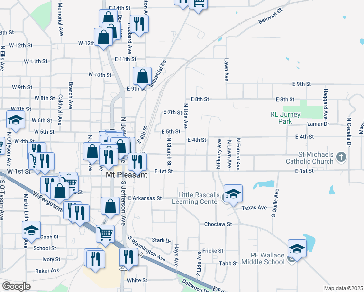 map of restaurants, bars, coffee shops, grocery stores, and more near 410 East 4th Street in Mount Pleasant