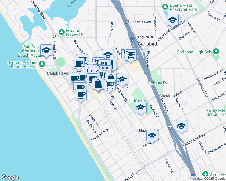 map of restaurants, bars, coffee shops, grocery stores, and more near 3110 Roosevelt Street in Carlsbad