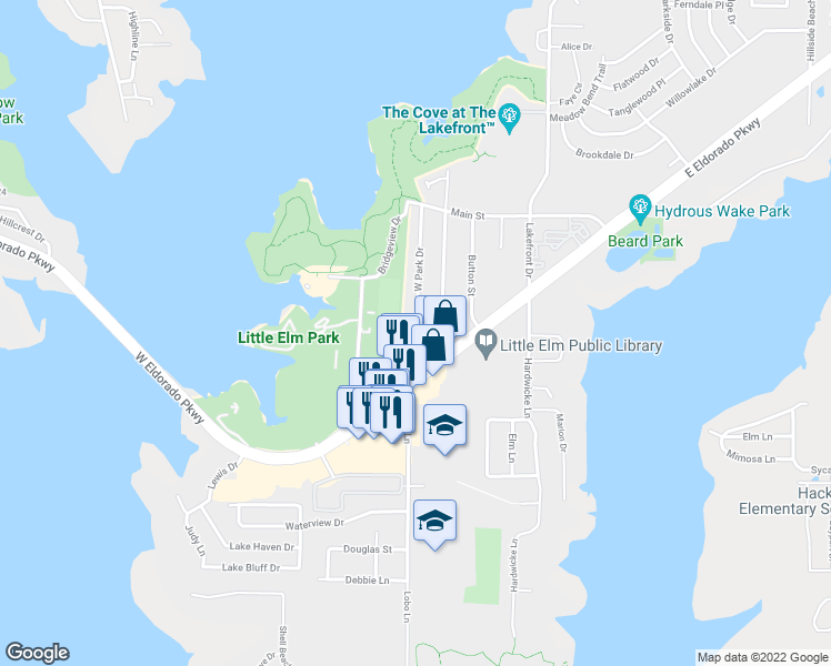map of restaurants, bars, coffee shops, grocery stores, and more near 3 W Park St in Little Elm