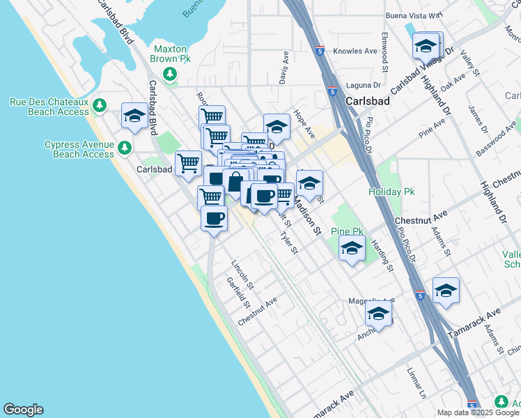 map of restaurants, bars, coffee shops, grocery stores, and more near in Carlsbad
