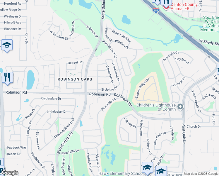 map of restaurants, bars, coffee shops, grocery stores, and more near 3617 Saint Johns Drive in Denton