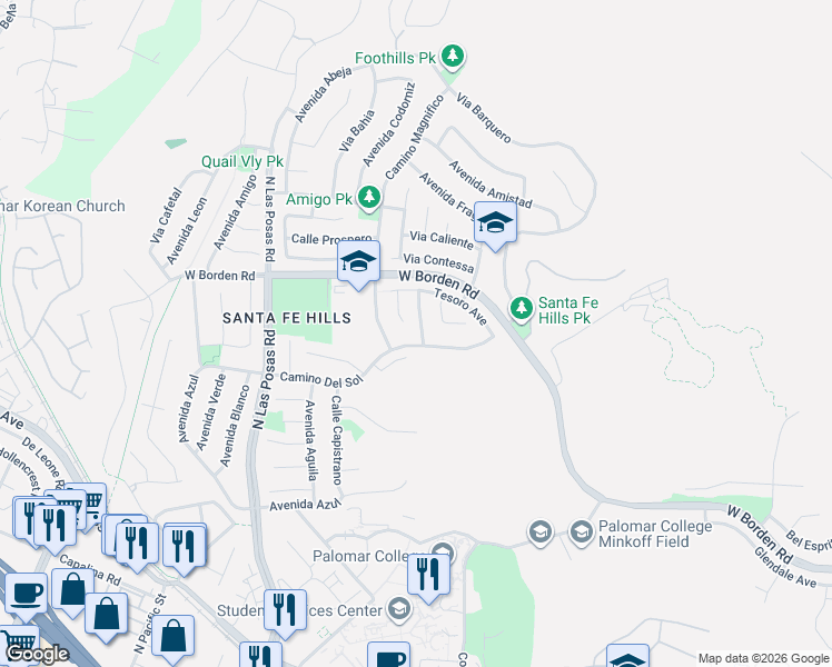 map of restaurants, bars, coffee shops, grocery stores, and more near 668 Feather Drive in San Marcos