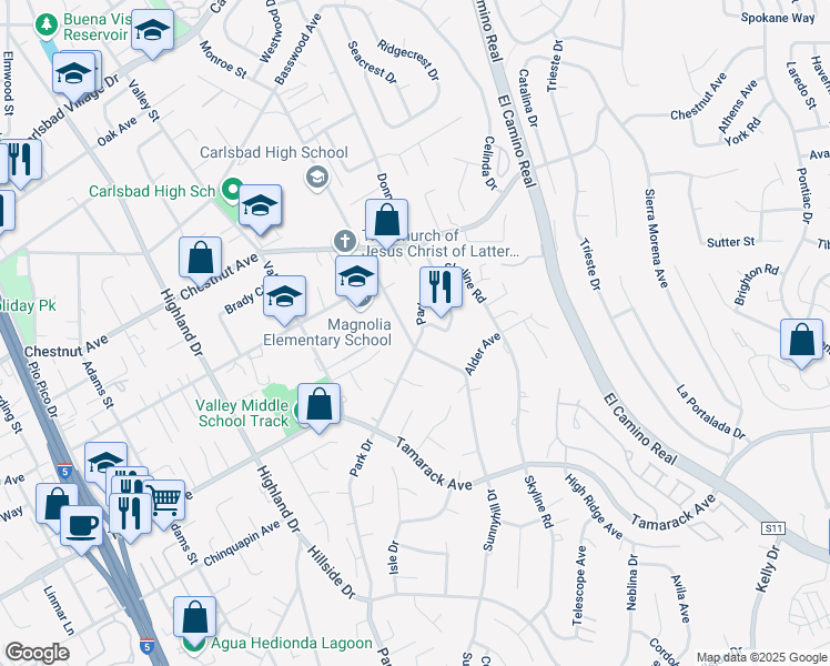 map of restaurants, bars, coffee shops, grocery stores, and more near 3897 Park Drive in Carlsbad