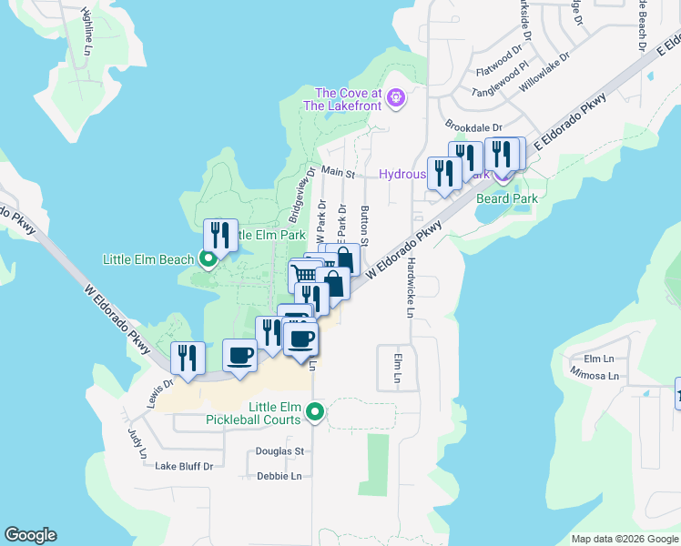 map of restaurants, bars, coffee shops, grocery stores, and more near 100 East Park Street in Little Elm