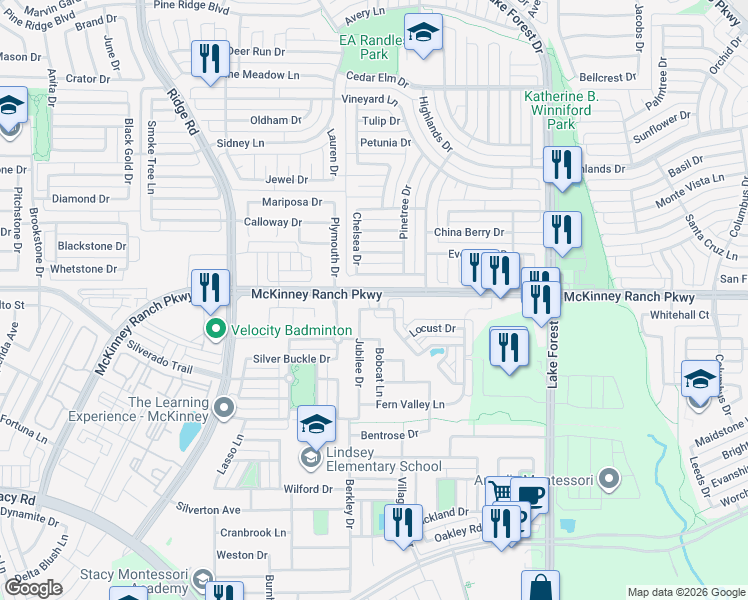 map of restaurants, bars, coffee shops, grocery stores, and more near 4000 Pecan Trails Drive in McKinney
