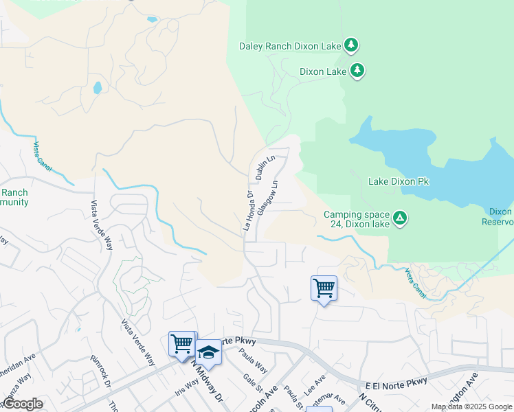 map of restaurants, bars, coffee shops, grocery stores, and more near 1521 Glasgow Lane in Escondido