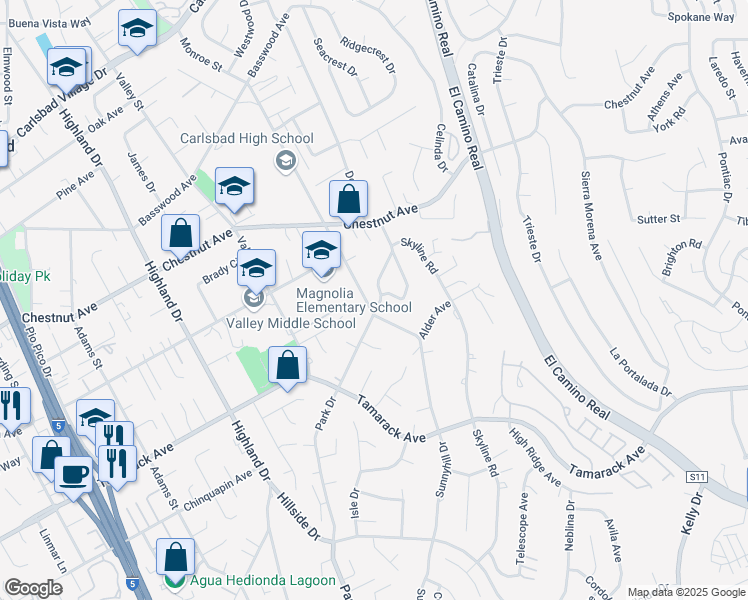 map of restaurants, bars, coffee shops, grocery stores, and more near 3897 Park Drive in Carlsbad