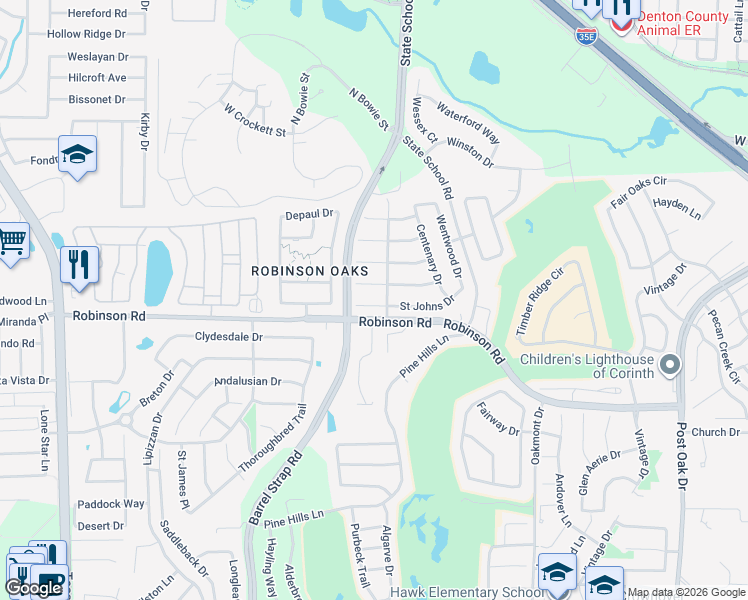 map of restaurants, bars, coffee shops, grocery stores, and more near 3517 Saint Johns Drive in Denton