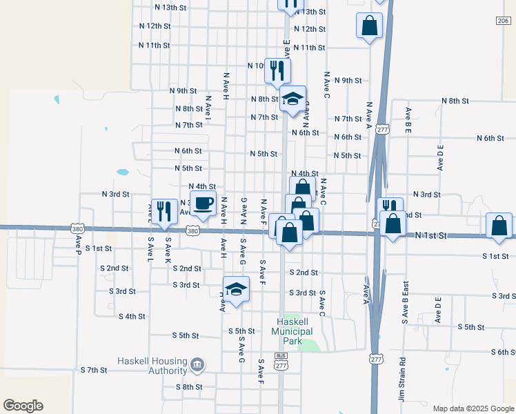 map of restaurants, bars, coffee shops, grocery stores, and more near 200 North Avenue F in Haskell
