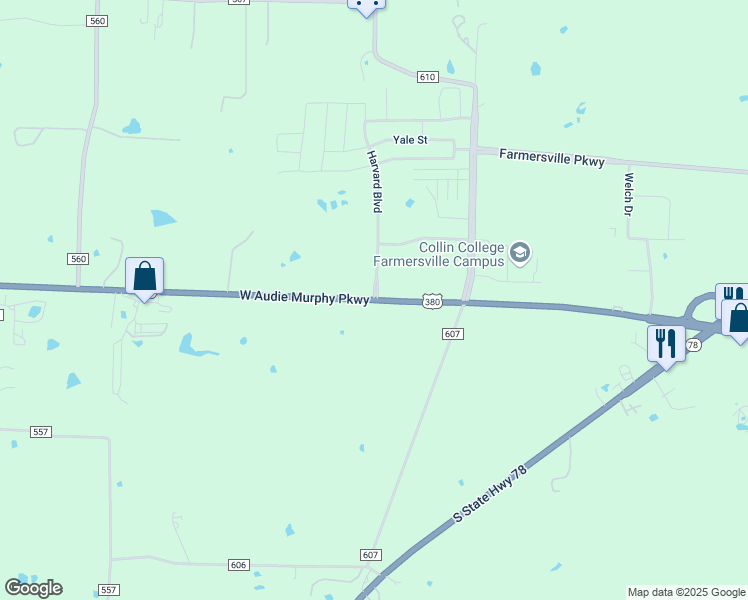 map of restaurants, bars, coffee shops, grocery stores, and more near West Audie Murphy Parkway in Farmersville