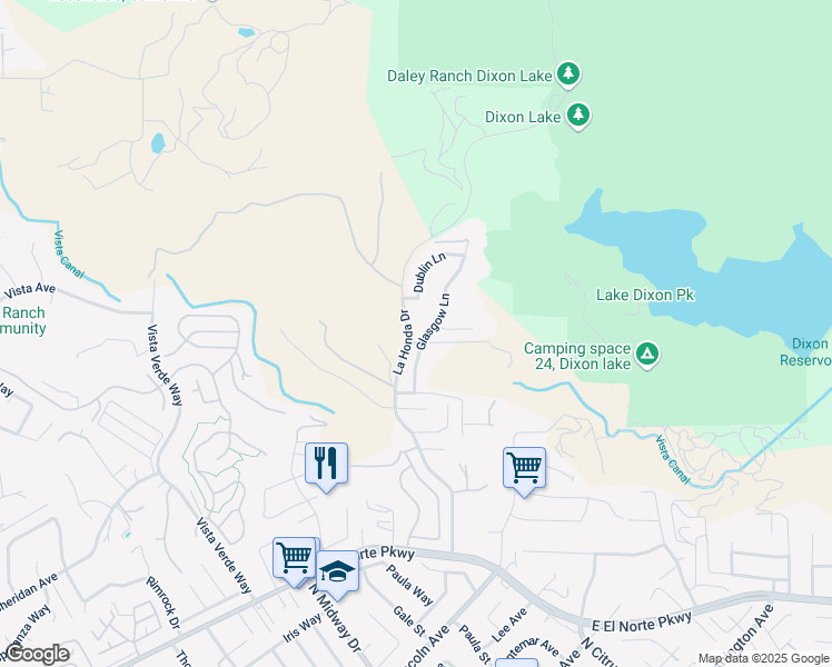 map of restaurants, bars, coffee shops, grocery stores, and more near 1521 Glasgow Lane in Escondido