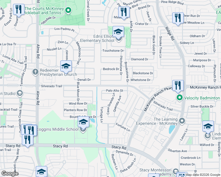 map of restaurants, bars, coffee shops, grocery stores, and more near 6608 Palo Alto Street in McKinney