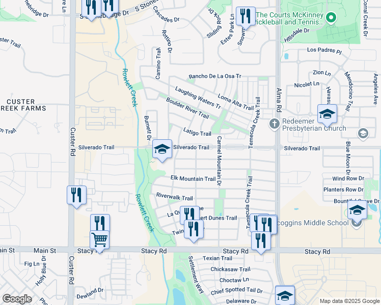 map of restaurants, bars, coffee shops, grocery stores, and more near 8401 Silverado Trail in McKinney