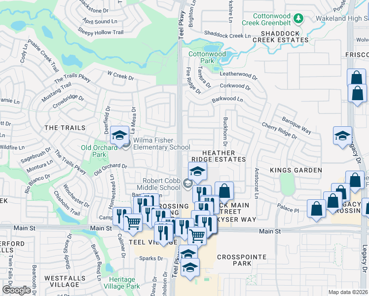 map of restaurants, bars, coffee shops, grocery stores, and more near 9607 Mulberry Lane in Frisco