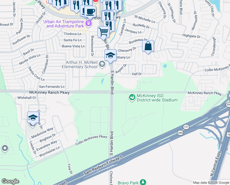 map of restaurants, bars, coffee shops, grocery stores, and more near 4199 McKinney Ranch Parkway in McKinney