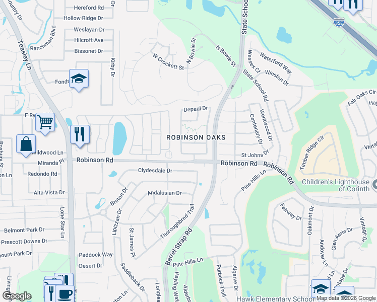 map of restaurants, bars, coffee shops, grocery stores, and more near 3401 Marymount Drive in Denton