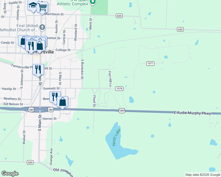 map of restaurants, bars, coffee shops, grocery stores, and more near County Road 1076 in Farmersville