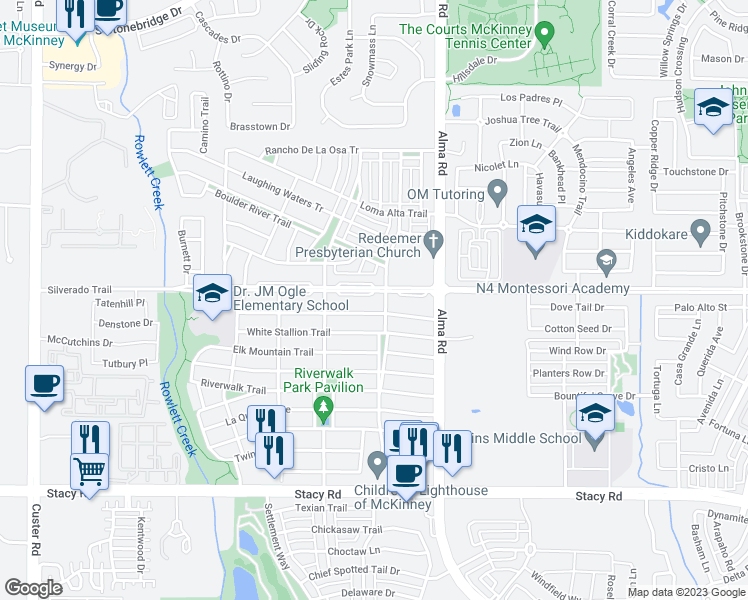 map of restaurants, bars, coffee shops, grocery stores, and more near 8003 Silverado Trail in McKinney