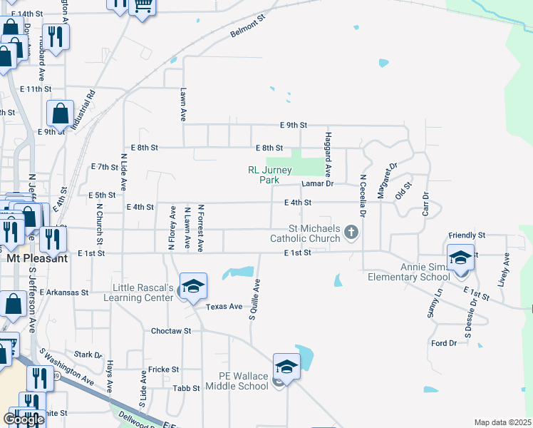 map of restaurants, bars, coffee shops, grocery stores, and more near 309 North Quillie Avenue in Mount Pleasant