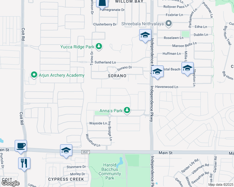 map of restaurants, bars, coffee shops, grocery stores, and more near 13961 Dorset Lane in Frisco