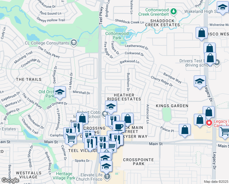 map of restaurants, bars, coffee shops, grocery stores, and more near 3170 Birchridge Drive in Frisco