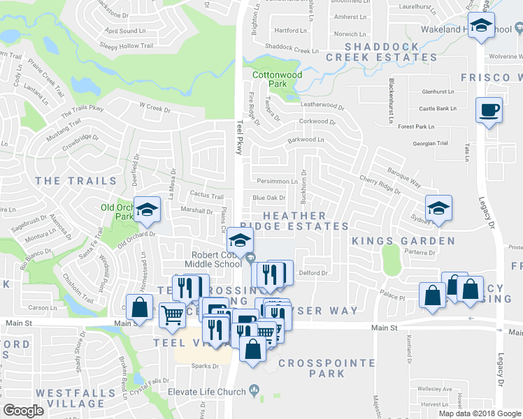 map of restaurants, bars, coffee shops, grocery stores, and more near 3170 Birchridge Drive in Frisco