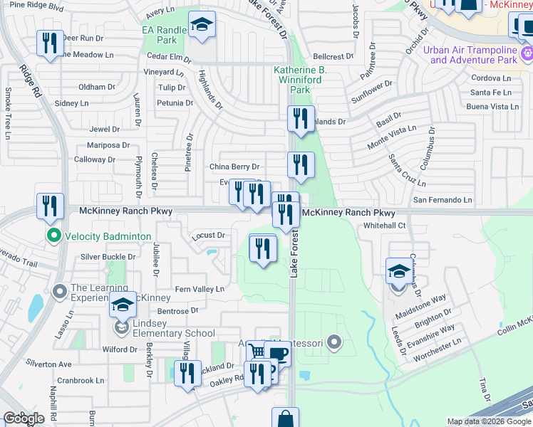 map of restaurants, bars, coffee shops, grocery stores, and more near 5207 McKinney Ranch Parkway in McKinney