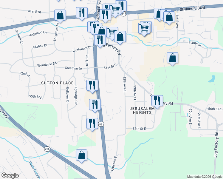 map of restaurants, bars, coffee shops, grocery stores, and more near 1018 54th Street East in Tuscaloosa