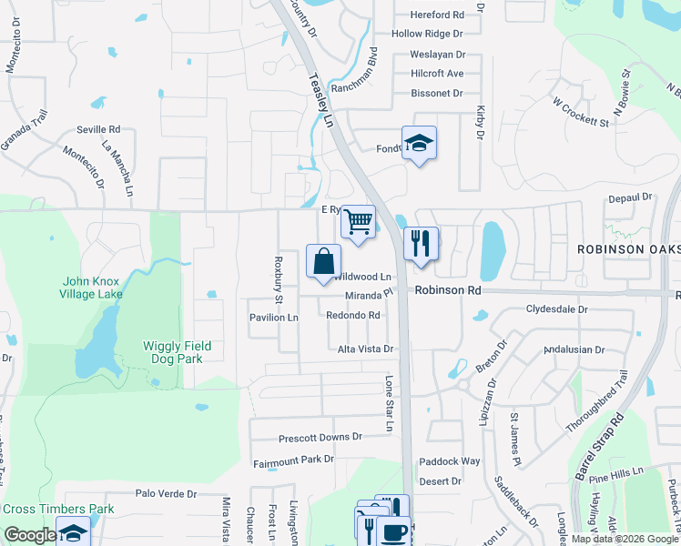 map of restaurants, bars, coffee shops, grocery stores, and more near 3961 Overlake Drive in Denton